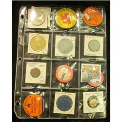 1456 _ 9-Pocket plastic page containing 10 various Sports related Pin-backs, gambling chips, medals,