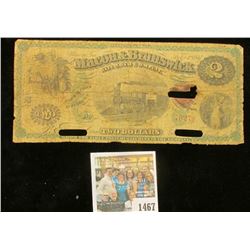 1467 _ 1867  Macon & Brunswick Railroad Company  Two Dollar Banknote, hole cancelled.