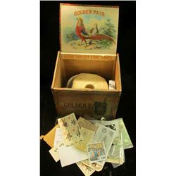 1468 _  Golden Pair Cigars  Wooden Box with various memorabilia including a roll of Harkin's Campaig