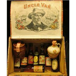 1482 _  Uncle Van  Wooden Cigar Box with (10) miniature Alcohol Bottles. All quite old and part of D