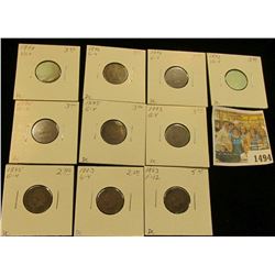 1494 _ 1892, (3) 1893, (3) 1895, (2) 1896, & 1898 Indian Head Cents grading Good to Fine, carded and