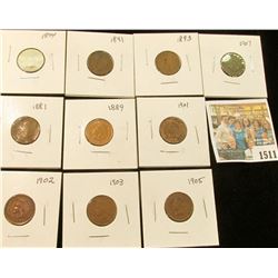 1511 _ 1881, 89. 91, 93, 94, 1901, 02, 03, 05, & 07 Carded and ready to sell Indian Head Cents. (10 