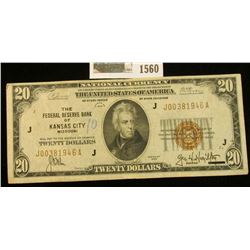 1560 _ Series of 1929 $20 National Currency "The Federal Reserve Bank of Kansas City, Missouri", nic