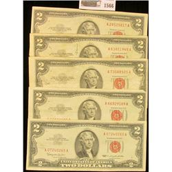 1566 _ (5) Various Series $2 "Red Seal" U.S. Bank Notes.