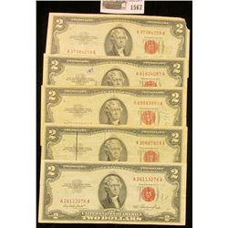1567 _ (5) Various Series $2 "Red Seal" U.S. Bank Notes.