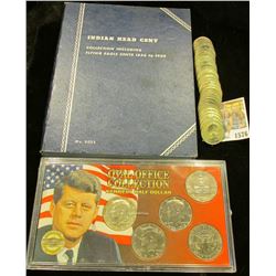 1576 _ Blue Whitman folder containing an 1898 Indian Head Cent; "Oval Office Collection Kennedy Half