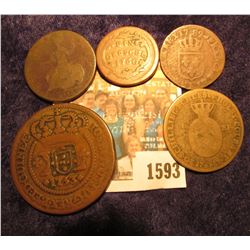 1593 _ (5) Interesting 1700 era Coins including a large Brazilian coin with a countermark.