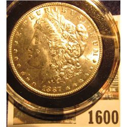 1600 _ 1887 P Brilliant Uncirculated Morgan Silver Dollar stored in an Airtight holder.