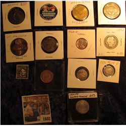 1602 _ (6) Old tokens and medals; 1962D Cent; 1892 P Barber Quarter; Old Lincoln 4c Stamp; Russian C
