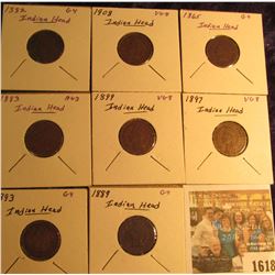 1618 _ 1865, 82, 83, 89, 93, 97, 99, & 1908 Indian Head Cents. Grading up to VG.