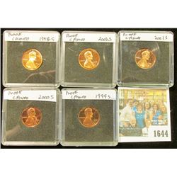 1644 _ 1998 S, 99 S, 2000 S, 2001 S, & 2002 S  Proof Lincoln Cents in special holders.