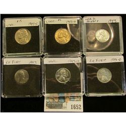 1652 _ (2) 1943 P, (1) D, S Lincoln Cents, all in Special holders; 1947 D BU & S BU Jefferson Nickel