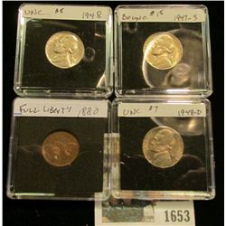 1653 _ 1947 S BU, 48P BU, & D BU Jefferson Nickels; & 1880 Indian Head Cent in EF. All in Special ho