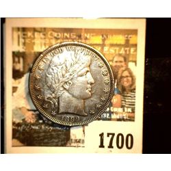 1700 _ 1899 P Barber Half Dollar, lovely toned AU with a small reverse rim ding.