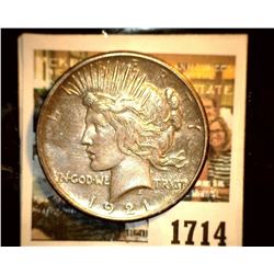 1714 _ 1921 P U.S. Silver Peace Dollar, Choice AU. Gold toning.