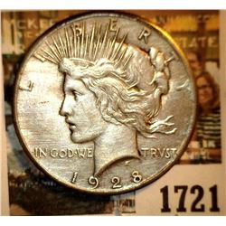 1721 _ 1928 P U.S. Silver Peace Dollar, lightly toning, cleaned, AU.