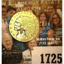 1725 _ 1909 U.S. Quarter Eagle $2.50 Gold Indian, High Grade.