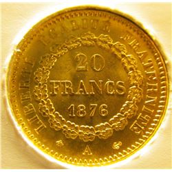 "1808	_	1876 A Gem BU :""The Lucky Gold Angel French 20 Franc Gold Coin"" mounted in a special prote
