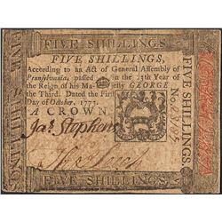 October 1, 1773 Pennsylvania Five Shillings Colonial Currency Note