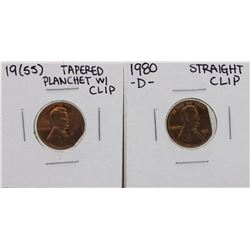1955 Tapered Clip Planchet & 1980-D Straight Clip Lincoln Wheat Penny ERROR Coin