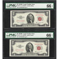 Lot of (2) Consecutive 1953B $2 Legal Tender Notes Fr.1511 PMG Gem Uncirculated