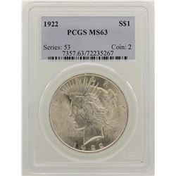 1922 $1 Peace Silver Dollar Coin PCGS MS63