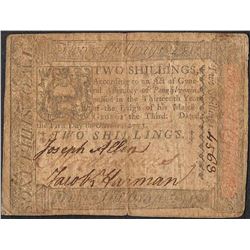 October 1, 1773 Pennsylvania Two Shillings Colonial Currency Note