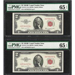Lot of (2) 1953B $2 Legal Tender Notes Fr.1511 PMG Gem Uncirculated 65EPQ