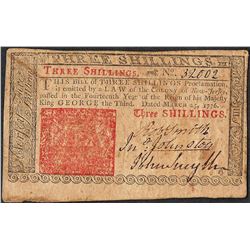 March 25, 1776 New Jersey Three Shillings Colonial Currency Note