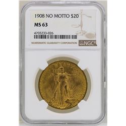 1908 $20 No Motto St. Gaudens Double Eagle Gold Coin NGC MS63