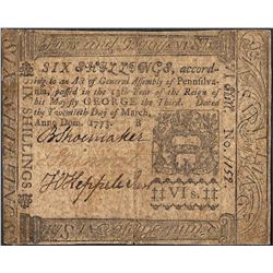 March 20, 1773 Pennsylvania Six Shillings Colonial Currency Note