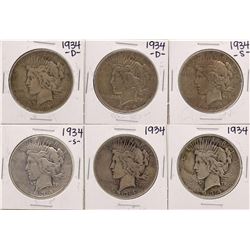 Lot of (2) 1934, (2) 1934-D, & (2) 1934-S $1 Peace Silver Dollar Coins