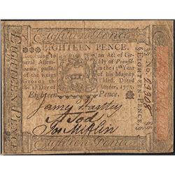 October 1, 1773 Pennsylvania Eighteen Pence Colonial Currency Note