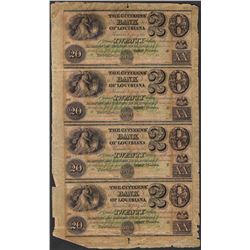 Uncut Sheet of 1800's $20 Citizens Bank of Louisiana Obsolete Notes