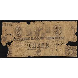 1847 $3 The Exchange Bank of Virginia Obsolete Note