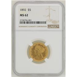 1892 $5 Liberty Head Half Eagle Gold Coin NGC MS62