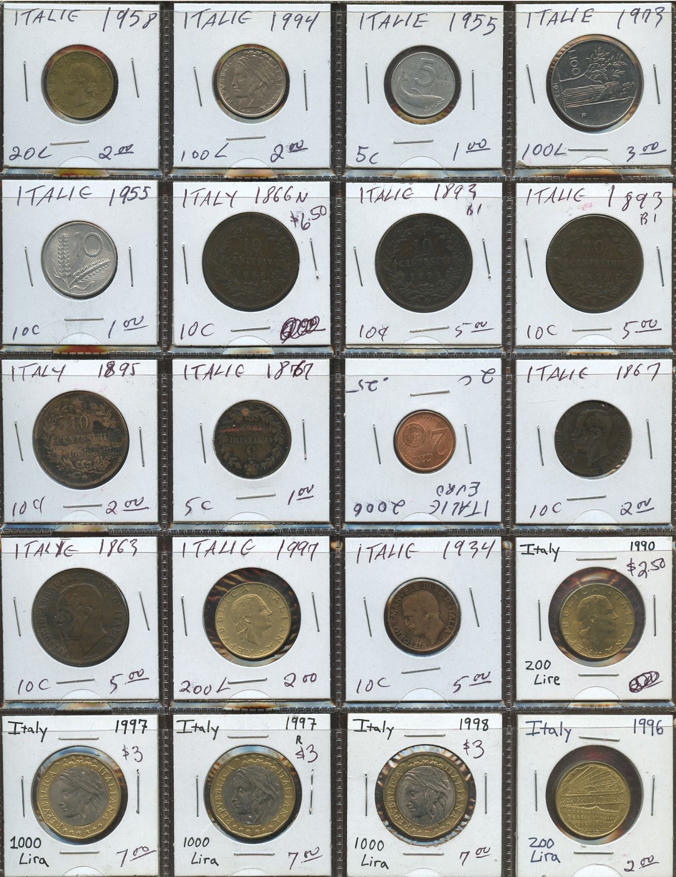 Lot of World coins; Italy lot of 20 coins all in average condition.