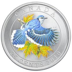 2010 25¢ coloured Blue Jay cased with the original outer box.