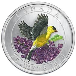 2010 25¢ coloured Goldfinch cased with the original outer box.