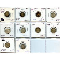 1871 10¢, 1936 (2), 1945, 1947 (2), 1948 (3) & 1949, lot of 10 coins all in average condition.