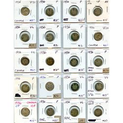 1936 10¢ lot of 20 coins, some wrongly designated as Bar or Dot, all in average condition.