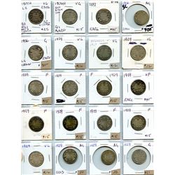 1872H to 1948 25¢ lot of 40 coins, includes one 1936 Dot, others 1936 are wrongly designated as Bar 
