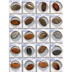 USA; lot of 32 elongated engraved cent, nickel and dime mainly from USA but include some foreign coi