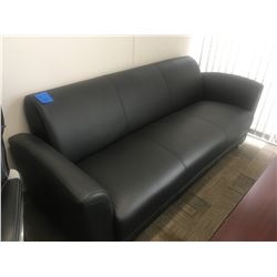 Black leather office sofa with 2 matching chairs, 2 coffee tables, 2 artificial grass plants