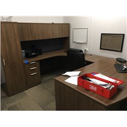 3 pc office desk w/ upper cabinet and wardrobe,plus 5 shelf book case,misc office trays, small chalk