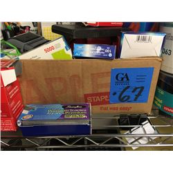 6 rows of various office supplies, writing paper, envelopes, staplers, pens, clips, markers, tape an