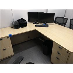 2pc Office desk, w/ side DR, w/ 3 tier shelving unit, plus misc office trays,plus 3x4 white board