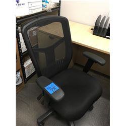 3 Black back mesh office chairs on wheels, one adjustable