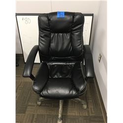 2 Black leather adjustable arm office chairs on wheels