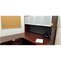 3pc Cherrywood finish office desk w/ 3 dr and upper cabinet, office trays